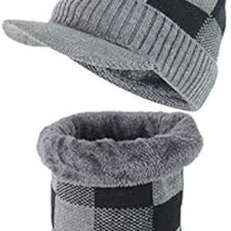 Men's & Boy's Ultra Soft Woolen Visor Beanie Cap Plus Neck Scarf Set-(Free Size)-(Grey)-image-96