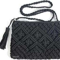 Macrame Bag, Boho Crossbody Bag, Women Woven Bag, woven bag, Tassel decor bag, Gift for Her - Size: Width 10" x Length 7" inch BLACK COLOR cotton-image-91
