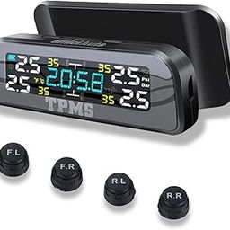 amiciAuto Wireless Car TPMS, Solar Powered Tyre Pressure Monitoring System with External Sensor for 4 Wheeler, with Dashboard Clock-88