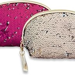 NFI essentials Pack of 2 Sequin Cosmetics Pouch Vanity Jewellery Pouch Stationery Pencil Case Makeup Pouch Travel Organiser (Dark Pink Gold)-23