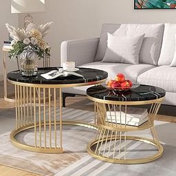 RIBAVARY® Marble Laminated Look Square Coffee Tables Set, 2 Piece Stackable Center Table with Extra Storage Shelf and Metal Frame for Living Room or Apartments (with Storage Shelf, Golden-Black)-image-12