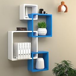 ETIQUETTE ART Floating Cube Shelves - Intersecting Wall Mounted Shelves - Wall Decor Square Shelves for Bedrooms, Living Rooms & More - Set of 4 Box Shelves (Blue & White)-18