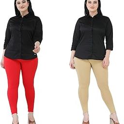 Premium Cotton Body Hugging Ankle Length Legging for Women, Soft and Comfortable Fabric with Elastic Closure, Free Size - Pack of 2pc (Fit Upto 25 to 32 Waist)- Red, Beige-image-60