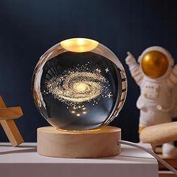 X14STORE 3D Galaxy Crystal Ball Night Lamp, Creative Engraved Crystal Ball Night Light, USB Table LED Wooden for Home Office Decoration Birthday Gift Adults (Galaxy)(Warm White)-12