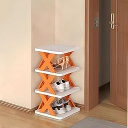 KIMANA Foldable Plastic Shoe Rack – 4 Layer Multipurpose Organizer for Entryway, Office, Wardrobe & Bedroom | Stackable Storage Shelf for Shoes, Books, Toys (Orange)-image-47
