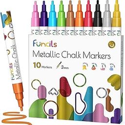 Funcils chalk pens for blackboard washable | 10 metallic pens with 3 mm reversible tip | chalk pen for windows, chalkboard, whiteboard and as glass pen Khalk markers for adults and children-23
