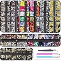 Jubilant Nail Rhinestones Gems Diamonds Art Studs Crystals Sequins with 1 Tweezers and 3 Pen 9 Boxes for Nail Art Supplies Accessories Glitter DIY Supplies-44