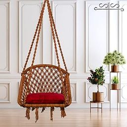 Patiofy Swing for Adults & Kids/Swing for Balcony/Swing Chair for Adults for Home/Cotton D Shape Wooden Swing/Jhula for Adults/Jhoola/Swing for Indoor/Includes Hanging Kit & Red Cushion (Brown)-picture-13