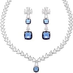 Rhodium-Plated Square American Diamonds Studded Pendulous Necklace With Earrings Jewellery Set For Girls and Women-image-65
