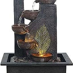 CHRONIKLE Polyresin Table Top Black 4 Diya Steps & Green Leaf Design Indoor Waterfall Fountain for Home Decor with LED Lights & Speed Controller Pump (Size: 40 x 29.5 x 22CM | Weight: 2250grm)-8