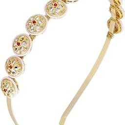 Kundan Hair Band for Women and Girls | Tiara Head Piece | Sheeshphool Matha patti | Fusion Ethnic Hair Accessory for Festive Season Weddings Shaadi Head Piece, pink, green-image-62