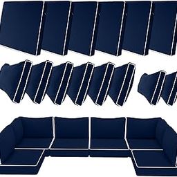 14 Piece Outdoor Patio Cushion Covers Replacement, Fit 7 Piece 6-Seater Wicker Rattan Patio Furniture Conversation Set, Outdoor Cushion Slipcover with Zipper, Navy Blue+White Piping(Only Cover)-image-55