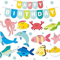 JarThenaAMCS 40Pcs Happy Birthday Bulletin Board Set Cartoon Ocean Life Calendar Poster Under The Sea Classroom Birthday Chart for Back to School Decorations-image-60