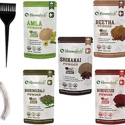 Hennahub Premium Amla, Reetha, Shikakai, Hibiscus, Bhringraj Powder Combo | Double Filter 100gm Each | Ultimate Natural Hair Care Pack of 5, All,500 Gram, 5 Count-image-47