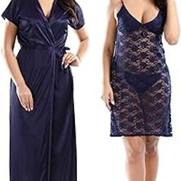 Rangmor Women's Solid 28Gaz Premium Satin Short Nighty with Full Length Robe-image-5