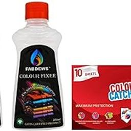 FABDEWS Fabric Color Fixer 250 ml bottles (pack of 2) with 10 FREE Fabric colour catcher sheets, Stops colour bleeding of Cotton, Silk, Georgette.Anti-Color Fading, Formaldehyde-Free, Eco-Friendly-0