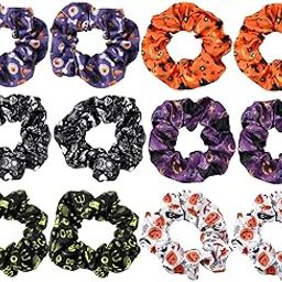 12pcs Halloween Scrunchies, Elastics Hair Bands Colorful Spooky Pumpkin Hair Tie Halloween Accessories for Women Fall Girls Hair Accessories (12 Colors)-image-86