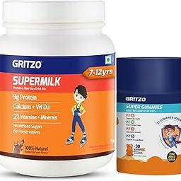 Gritzo SuperMilk Daily Nutrition (7-12y Young Athlete), 9g Protein (Double Chocolate, 1kg) | Zero Refined Sugar, 21 Vitamins & Minerals with Super Gummies (Natural Orange Flavour, 30 Gummies)-14