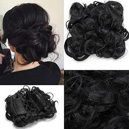 DAZZ LOOK® Double Comb Messy Curly Dish Hair Bun Extension Easy Stretch hair Combs Clip in Ponytail Extension Scrunchie Chignon Tray Ponytail Hairpieces - Black-image-60