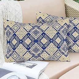 Outdoor Throw Pillow Covers Waterproof Pillow Cases Pack of 2,Navy Blue Ethnic Geometric Rhombus Decorative Cushion Case for Home Couch Sofa Patio Bed,Retro Abstract Art Pillowcase 20x12inx2-image-31