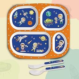 Cello Kidzbee Quadmeal Cosmic Explorer Melamine Meal Set for Kids | BPA Free and Food-Grade Material | Attractive and Kidfriendly Designs | Break Resistant & Durable Set | Set of 3, Navy Blue-0