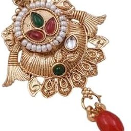 Traditional Filigree Saree Pin for Women & Girls Circular Matte Gold Design with Colored Stones, Pearl Beads & Hanging Red Pendant Elegant & Secure Drape Accessory-40