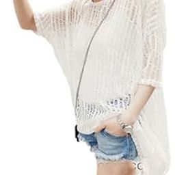 Women's Imported and Korean Fashion Loose Batwing Sleeve Hollow Knitted Sweater (Beige, Standard)-image-6