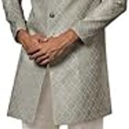 kisah Men's Indo-Western Sherwani Churidar Set, Grey Cotton, Jacquard Regular Fit Mandarin Collar Long Sleeves (36)-picture-16