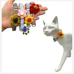 Set of 4 Cute Flower Design Cat Collar Combo Offer of Handmade Everyday Adjustable with Easy Open Safety Buckle for Cats,Kitten,Puppy&Small Animals,32 Centimeters,1.5 Cm,Multicolor-4