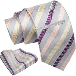 axlon Grey Striped Tie For Men – Formal Ties Set With Pocket Square & Tie Pin Clip For Mens, Silk Neckties Gift Sets For Men’s (AXNW27)-picture-47