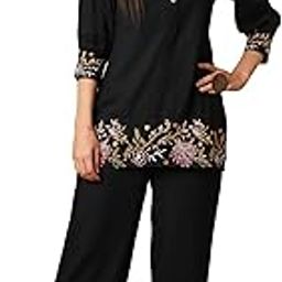 Women Rayon Floral Embroide Shirt Collar Cuffed Sleeves Top & Mid-Rise Partially Elasticated Ankle Length Pants Fusion Co-Ord Set-image-6