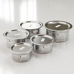 VIGNESHGENIX Stainless Steel Silver Tapeli with Lid Set – 5 Piece Mirror Finish Cooking Pot | Heavy Gauge Patila Set for Kitchen Use | Ideal for Boiling Milk, Cooking, and Storing Food-image-2