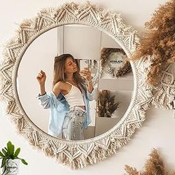 ARSHLAZA Macrame Hanging Wall Mirror with Macrame Round Mirror Art Boho Decor Macrame Decorative Mirror [MG22], Framed, White-picture-3