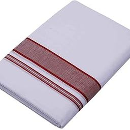 Men Samrat Plus White Cotton Kara Double Dhoti Kerala Munde - 100% Pure Cotton Temple Wear Dhoti With Maroon Colour Border-33