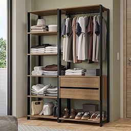 Madesa Modular Closet Wardrobe Ample Storage Wooden Almirah 129 Cm with Shelves, Drawers and Hanging Units - Brown/Black-image-89