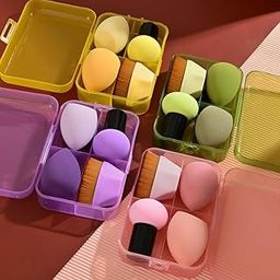 4Pcs Makeup Sponges Set With Storage Jar, 2 Blenders, 1 Foundation Brush With 1 Mushroom Head Sponge Cushions For Liquid, Cream & Powder, Multicolor Makeup Sponge Set for All types Of Skin-12