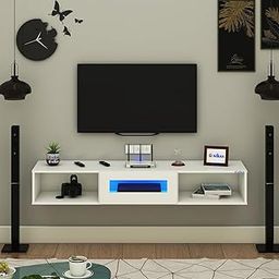 FURNIWUD Novus Wall Mount Modern Floating TV Unit for Living Room with Open Shelf Storage Cabinet & Middle Cabinet Blue LED Light (Ideal for 32 to 65 inch TV, DIY Installation, White Finish)-image-43