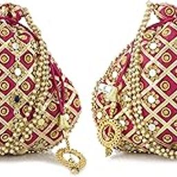 Kuber Industries 2 Pieces 3-Layer Silk Traditional Mirror Work Clutch Potli Batwa Pouch Hand Bag for Women/Girls (Pink)-KUBMART11533, Standard-picture-14