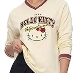 Hello Kitty: Viciously Cute Women and Girls V Neck Off White Graphic Printed Cotton Oversized Full Sleeves Tops-picture-10