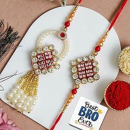 eCraftIndia Diamond Pearl Beads Designer Rakhis for Brother and Bhabhi | Bhaiya Bhabhi Rakhi Set of 2 | Lumba Rakhi for Bhabhi | Best Bro Ever Fridge Magnet | Roli Chawal Pack-12