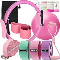 Oylyoyea 8Pcs Yoga Sets for Women Pilates at Home Equipment Pilates Magic Ring Booty Bands for Working Out Glutes Yoga Ball 25cm Figure 8 Resistance Band Yoga Bands for Stretching (Pink)-image-86