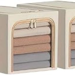 FLYNGO 2 Pcs 31L Foldable Steel Frame Clothes Organizer Storage Box, Cloth Wardrobe Organizer for Storage Home, Bedroom with Handle - 31 Liters (Pack of 2, Beige)-image-3
