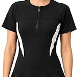 Women's Frock Styled One Piece Swimwear Short Sleeves Front Zipper Closure Bodycon Swimsuit Knee Length Swimming Costume Dress-picture-5