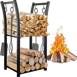 Nestora Home 2 Tiers Indoor Firewood Rack with 4 Hooks - Portable Outdoor Firewood Rack, Heavy Duty Log Rack Wood Holder, Sturdy Firewood Storage Stand for...31.5" x 15.7" x 11.8".-image-13