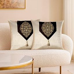 Caption Home Decorative Cushion Cover 16 x 16 inches (Set of 2) - Gold Damask Pattern w/Tassel | Throw Pillow for Living Room, Sofa, Bed Couch | Modern Luxury Home Decor (Dark Brown)-image-87