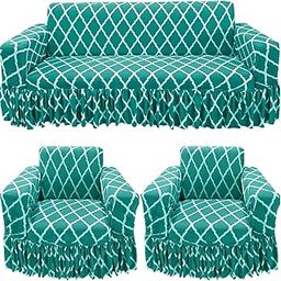 Gifts Island® Sofa Cover 3 Seater and 2 Seater Frill Universal 5 Seater Sofa Cover Non-Slip Sticky Elastic Stretchable Sofa Set Slipcover Protector for (3+1+1 Seater),Teal Blue Diamond-image-82