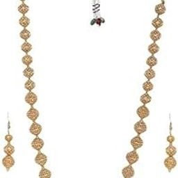 Gold Plated Stylish Wedding Style Handcrafted Long Multi Strand Pearl Jaipuri Mala Necklace with Earrings Set for Women and Girls Set of 1 (Gold2)-image-45
