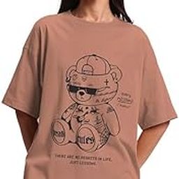 100% Pure Cotton Oversized Loose Baggy Fit Drop Shoulder Half Sleeve Round Neck Cool Front Teddy Printed Cork & White T-Shirt for Women/Girls (Available in from S to 2XL)-image-37