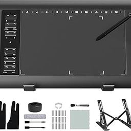Graphic Drawing Tablet ienRon 10x6 Inch Sceen, Battery-Free 8192 Levels Pen,12 Hot Keys, Large Area for Digital Drawing Tablets&Design, Compatible with Windows/Android, Good Gift-Black, Bracket, Pad-21