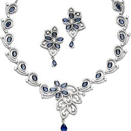 zeneme Rhodium-Plated American Diamond Studded Floral & Paisley Shaped Necklace With Earrings Jewellery Set For Girls and Women-picture-28